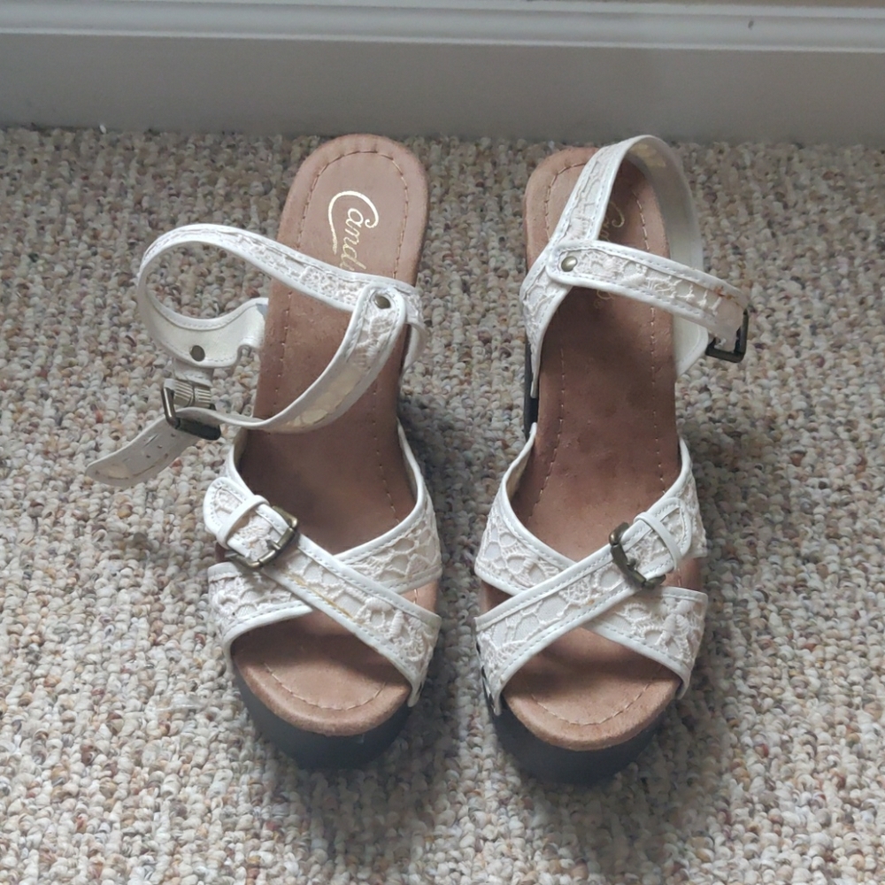 Tan lace strappy heels